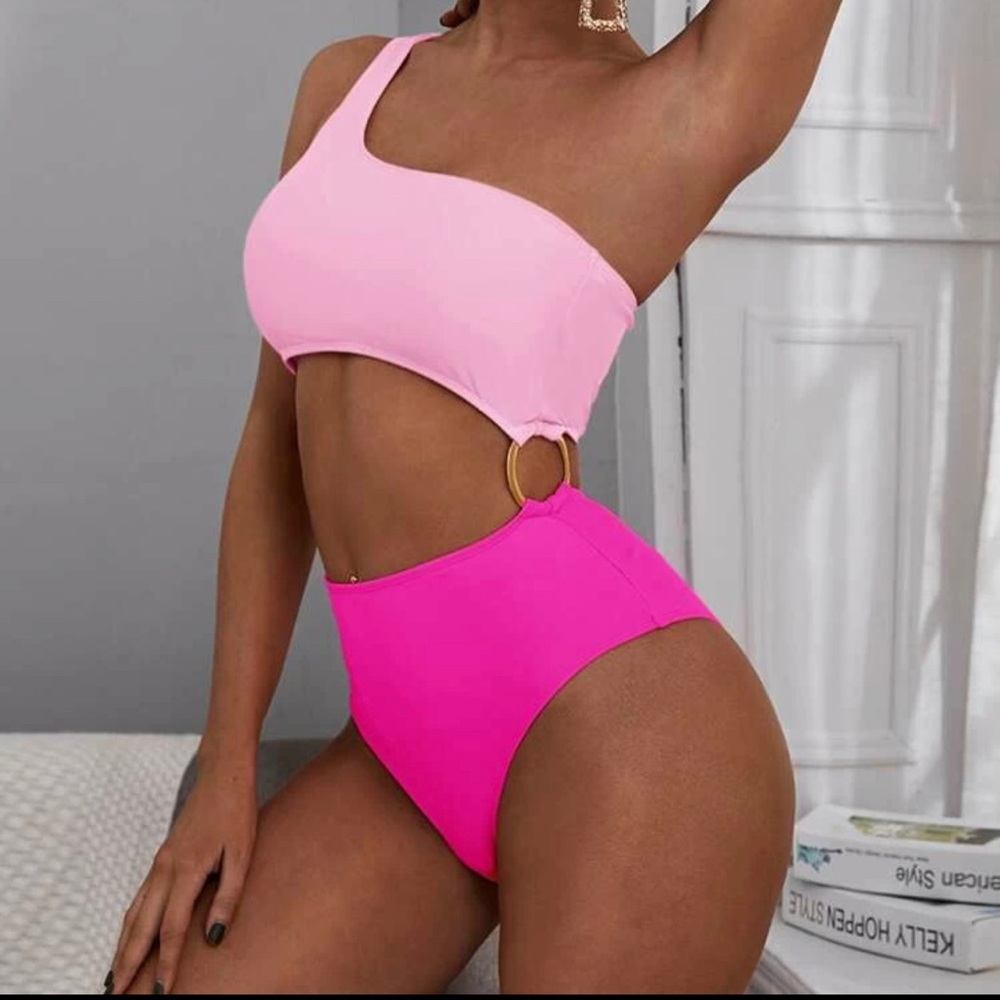 Pink two tone one piece swimsuit with cutouts